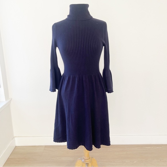Eliza J Knit Ribbed Turtleneck Ruffle Bell Sleeve Sweater Dress Navy | Small - Picture 2 of 10